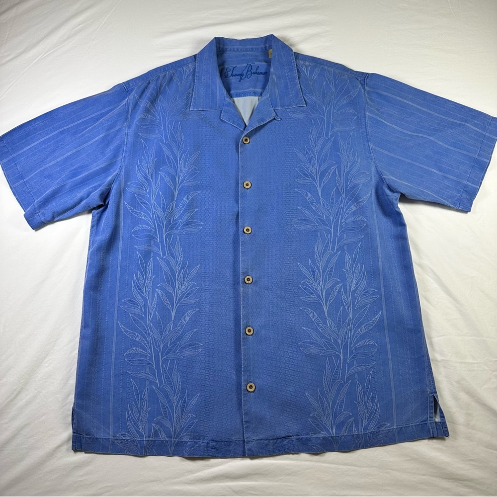 Tommy Bahama Bali Border Silk Camp Shirt Mens Large Blue Leaf